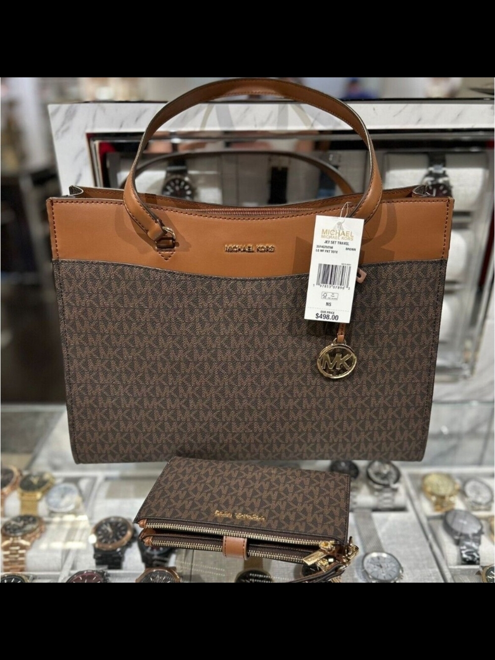 Michael Kors Brown Signature Tote with Tan Trim and Gold Charm Only Bag